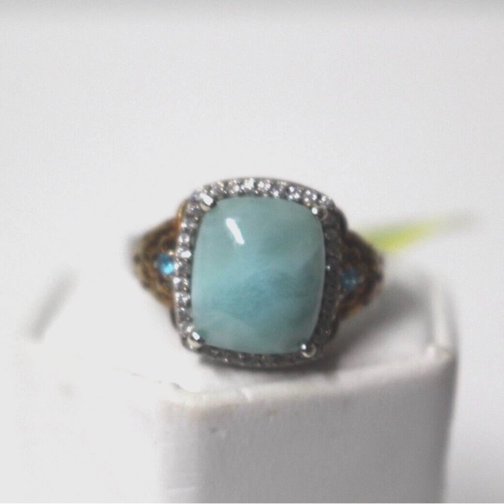 Sea Mist Larimar, Malgache Neon Apatite, Zircon Ring Size 8 14K YG Plat/SS  New